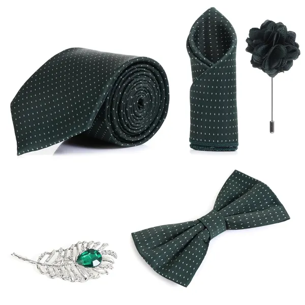 Random_Stripe_Necktie_Set_With_Bow_Tie_Pocket_Square_Lapel_Flowar_&_Lapel_Brooch_(Pack_Of_5_items)