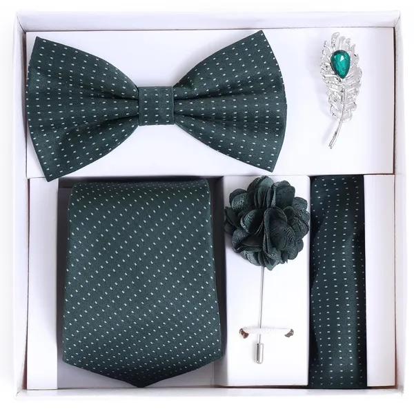 Random_Stripe_Necktie_Set_With_Bow_Tie_Pocket_Square_Lapel_Flowar_&_Lapel_Brooch_(Pack_Of_5_items)