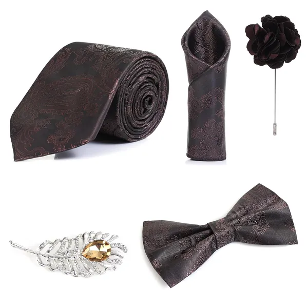 Random_Stripe_Necktie_For_Men_Set_With_Pocket_Square_&_Bow_Tie_Lapel_Pin_Flowar_Pack_of_5