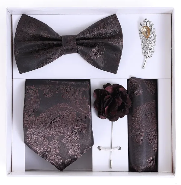Random_Stripe_Necktie_For_Men_Set_With_Pocket_Square_&_Bow_Tie_Lapel_Pin_Flowar_Pack_of_5