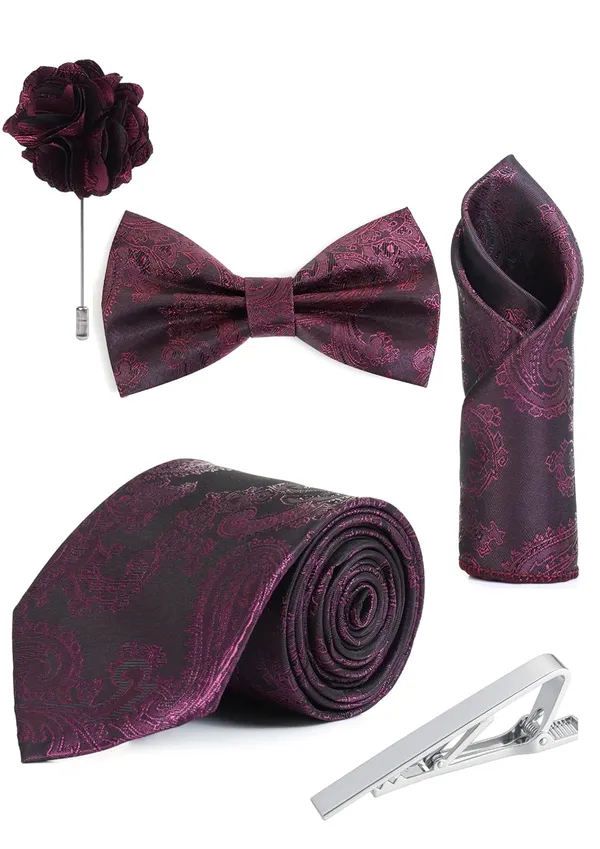 Random_Stripe_Necktie_Set_For_Men_With_Bow_Tie_Lapel_Flowar_&_TiePin_Jacquard_Self-Design_Combo_With_Stylish_Box_Pack_Of_5