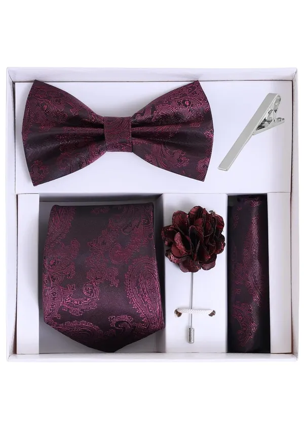 Random_Stripe_Necktie_Set_For_Men_With_Bow_Tie_Lapel_Flowar_&_TiePin_Jacquard_Self-Design_Combo_With_Stylish_Box_Pack_Of_5