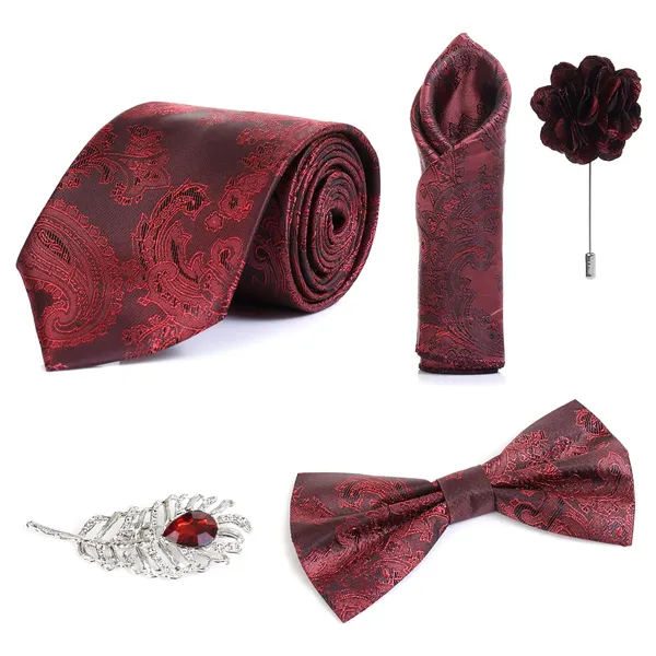 Random_Stripe_Necktie_For_Men_Set_With_Pocket_Square_&_Bow_Tie_Lapel_Pin_Flowar_Pack_of_5