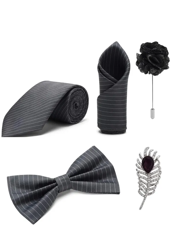 Random_Stripe_Necktie_Set_With_Bow_Tie_Pocket_Square_Lapel_Pin_Flowar_&_Brooch_(Pack_of_5)