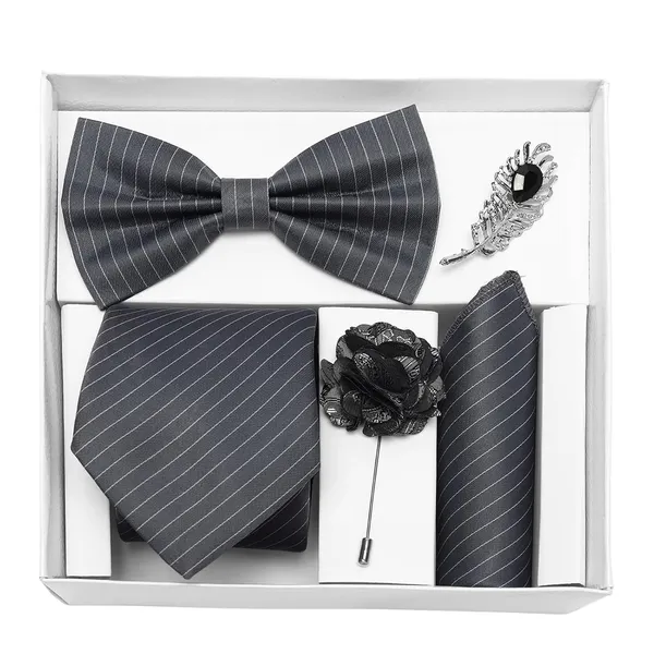 Random_Stripe_Necktie_Set_With_Bow_Tie_Pocket_Square_Lapel_Pin_Flowar_&_Brooch_(Pack_of_5)