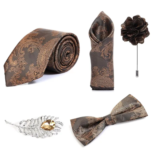 Random_Stripe_Necktie_For_Men_Set_With_Pocket_Square_&_Bow_Tie_Lapel_Pin_Flowar_Pack_of_5