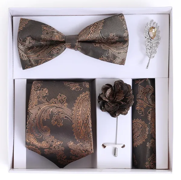 Random_Stripe_Necktie_For_Men_Set_With_Pocket_Square_&_Bow_Tie_Lapel_Pin_Flowar_Pack_of_5