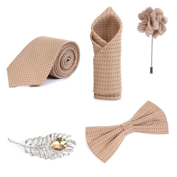 Random_Stripe_Necktie_Set_With_Bow_Tie_Pocket_Square_Lapel_Flowar_&_Lapel_Brooch_(Pack_Of_5_items)