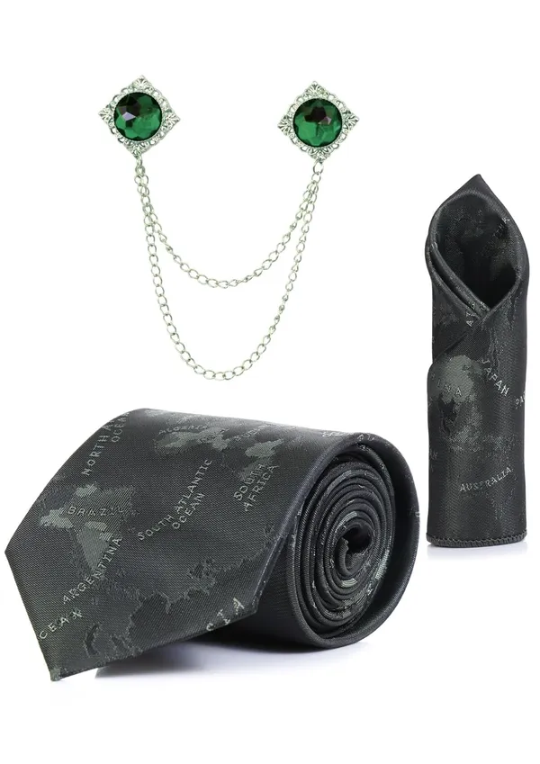 Random_Stripe_Necktie_Set_With_Pocket_Square_&_Double_Chain_Brooch_Pack_Of_3_jacquard_fabric_self_Design_World_Map_Print