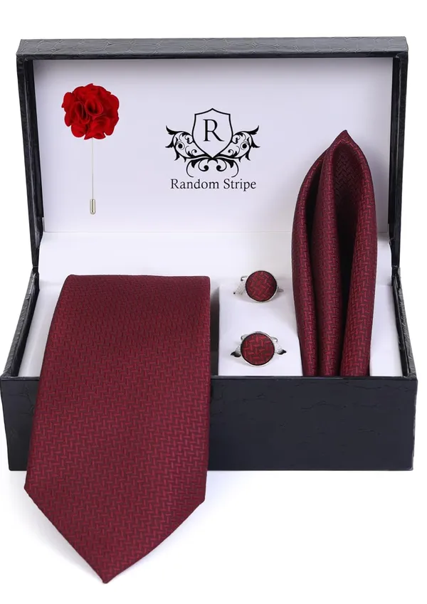 Random_Stripe_Necktie_Set_With_Pocket_Square_Lapel_Pin_Flowar_&_Cufflink_Pair_Pack_Of_4_Ficro_Fiber_Self-Design