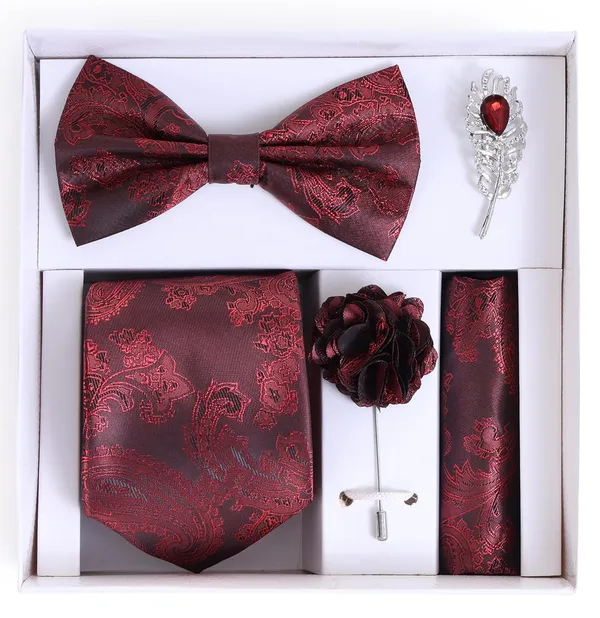 Random_Stripe_Necktie_Set_With_Bow_Tie_Pocket_Square_Lapel_Flowar_&_Lapel_Brooch_&_Cufflink_Pair_&_TiePin_(Three_Type_Combo_Box)
