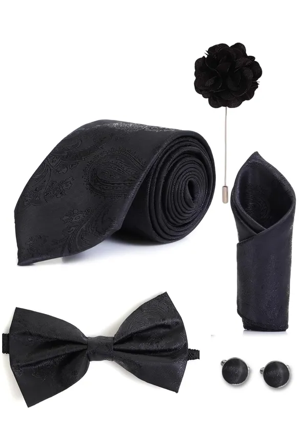 Random_Stripe_Necktie_For_Men_With_Bow_Ties_Lapel_Flowar_&_Cufflinks_Pair_Jacquard_Self-Design_Combo_stylish_Box_(5_items_in_The_Box)