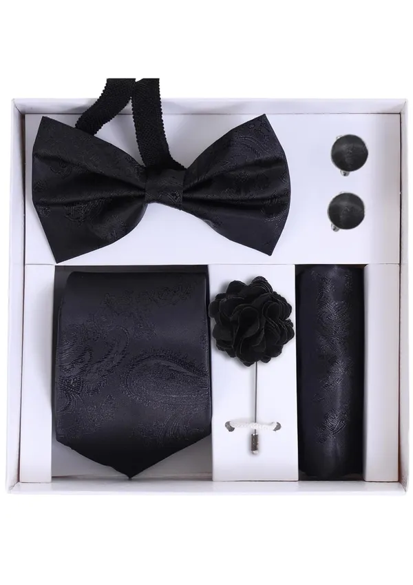 Random_Stripe_Necktie_For_Men_With_Bow_Ties_Lapel_Flowar_&_Cufflinks_Pair_Jacquard_Self-Design_Combo_stylish_Box_(5_items_in_The_Box)