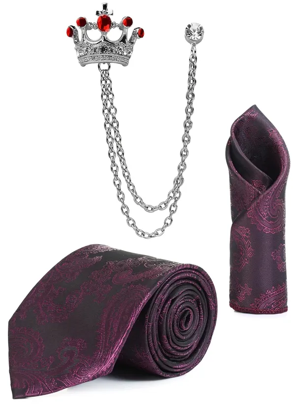 Random_Stripe_Men_Paisley_Necktie,_Pocket_Square_&_Crown_Brooch_Combo_Set_|_Premium_Satin_Finish_|_Wedding,_Party_&_Formal_Wear_|_16_Colors