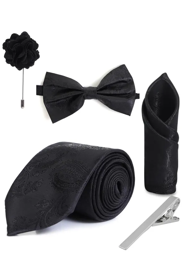 Random_Stripe_Necktie_Set_With_Bow_Tie_Pocket_Square_Lapel_Flowar_&_Lapel_Brooch_&_Cufflink_Pair_&_TiePin_(Three_Type_Combo_Box)