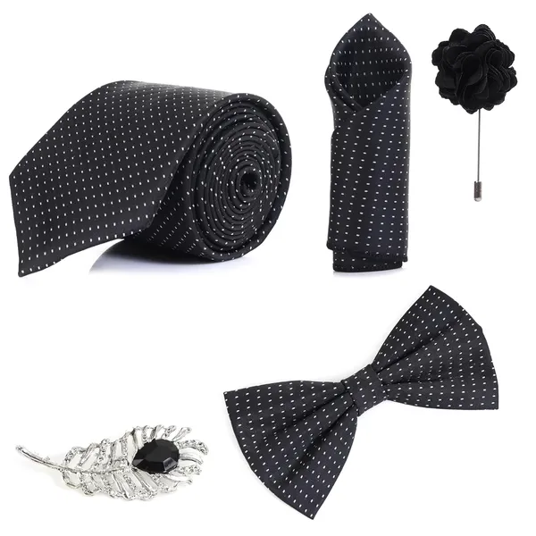 Random_Stripe_Necktie_Set_With_Bow_Tie_Pocket_Square_Lapel_Flowar_&_Lapel_Brooch_(Pack_Of_5_items)