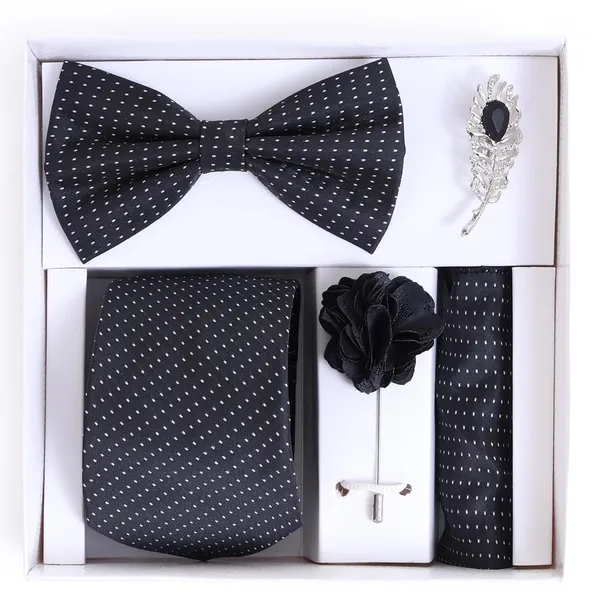 Random_Stripe_Necktie_Set_With_Bow_Tie_Pocket_Square_Lapel_Flowar_&_Lapel_Brooch_(Pack_Of_5_items)