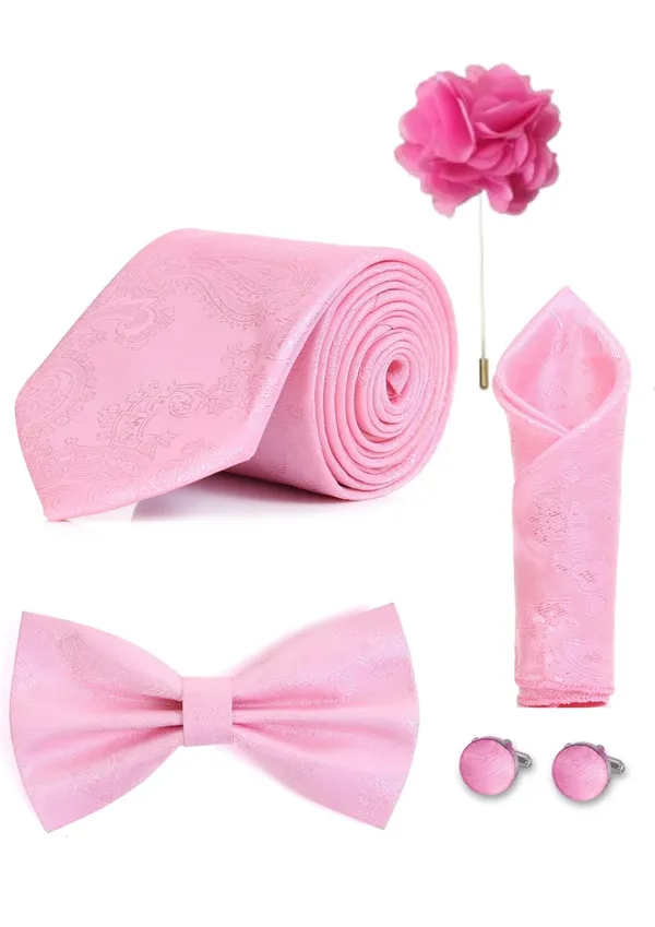 Random_Stripe_Necktie_For_Men_With_Bow_Ties_Lapel_Flowar_&_Cufflinks_Pair_Jacquard_Self-Design_Combo_stylish_Box_(5_items_in_The_Box)