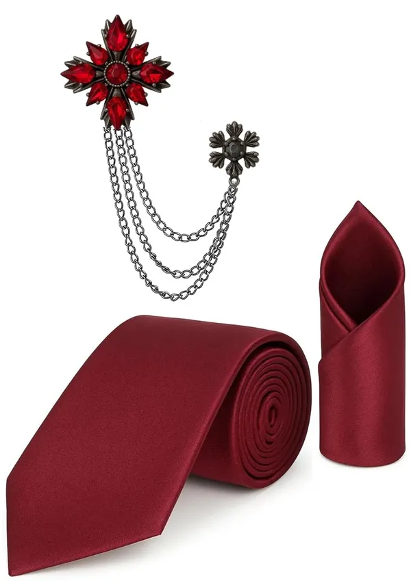 Necktie_For_Men_Complete_Combo_Set_�_Stylish_necktie,_matching_pocket_square_&_premium_brooch_included_Plain_Silk_Ties