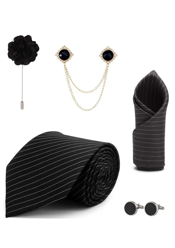 Premium_Black_Stripe_Tie_Combo_Set_for_Men_|_Necktie,_Pocket_Square,_Brooch,_Lapel_Pin_&_Cufflinks_|_7_Colors_|_Wedding_&_Business_Gift_Set_for_Men