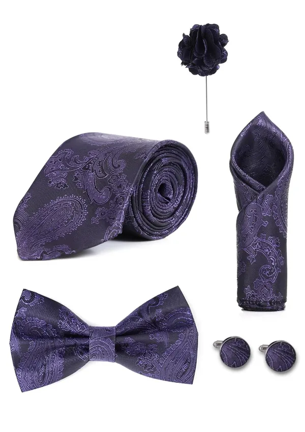 Random_Stripe_Necktie_For_Men_With_Bow_Ties_Lapel_Flowar_&_Cufflinks_Pair_Jacquard_Self-Design_Combo_stylish_Box_(5_items_in_The_Box)
