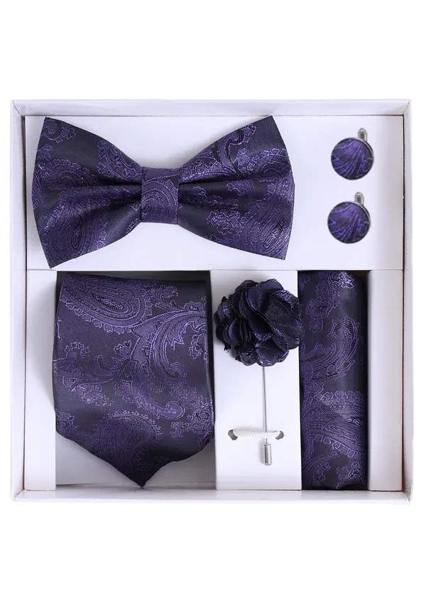Random_Stripe_Necktie_For_Men_With_Bow_Ties_Lapel_Flowar_&_Cufflinks_Pair_Jacquard_Self-Design_Combo_stylish_Box_(5_items_in_The_Box)