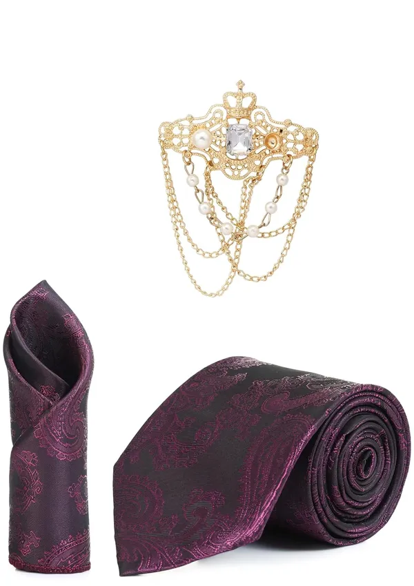 Necktie_With_Stylish_Brooch_&_Pocket_Square_Set_For_Men_(3_Item_in_the_Box)_Jacquard_Self-Design_Fabric
