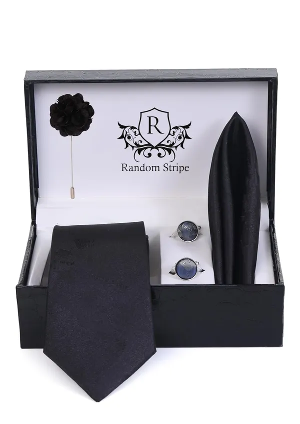 Random_Stripe_Necktie_Set_For_Men_With_Pocket_Square_Lapel_Pin_Flowar_&_Cufflink_Pair_With_Gifted_Box_(4_items_in_Box)
