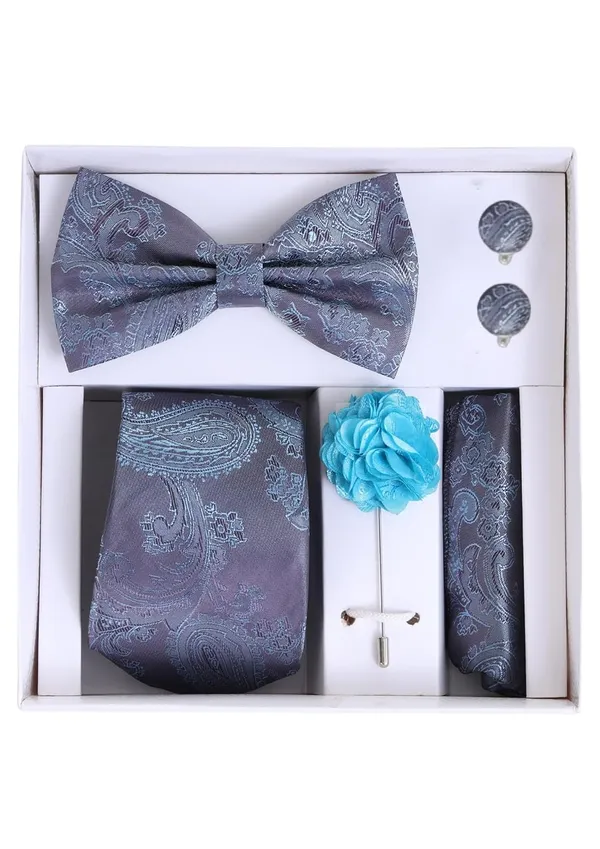 Random_Stripe_Necktie_Set_With_Bow_Tie_Pocket_Square_Lapel_Flowar_&_Lapel_Brooch_&_Cufflink_Pair_&_TiePin_(Three_Type_Combo_Box)