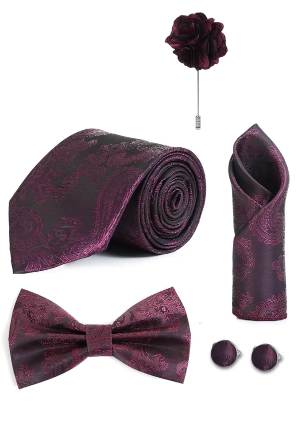Random_Stripe_Necktie_Set_With_Bow_Tie_Pocket_Square_Lapel_Flowar_&_Lapel_Brooch_&_Cufflink_Pair_&_TiePin_(Three_Type_Combo_Box)