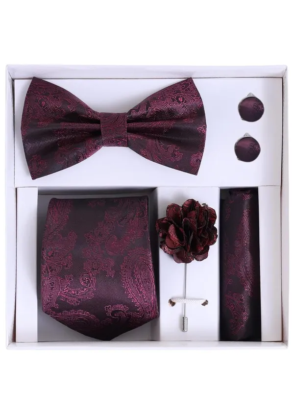 Random_Stripe_Necktie_Set_With_Bow_Tie_Pocket_Square_Lapel_Flowar_&_Lapel_Brooch_&_Cufflink_Pair_&_TiePin_(Three_Type_Combo_Box)
