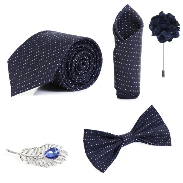 Random_Stripe_Necktie_Set_With_Bow_Tie_Pocket_Square_Lapel_Flowar_&_Lapel_Brooch_(Pack_Of_5_items)