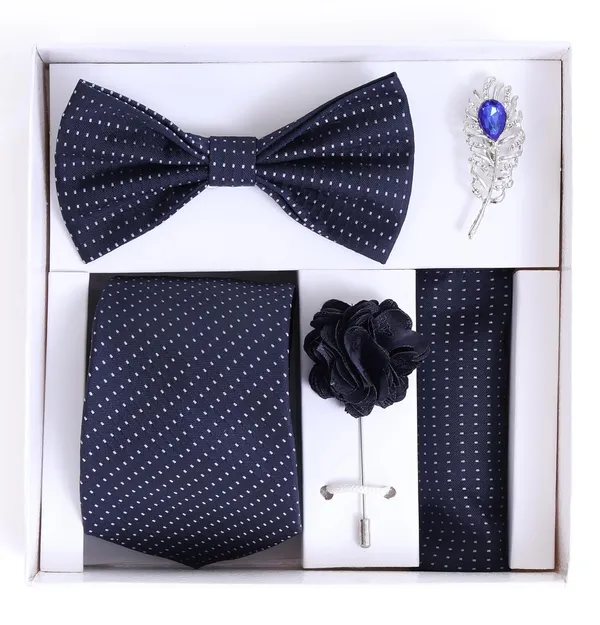 Random_Stripe_Necktie_Set_With_Bow_Tie_Pocket_Square_Lapel_Flowar_&_Lapel_Brooch_(Pack_Of_5_items)