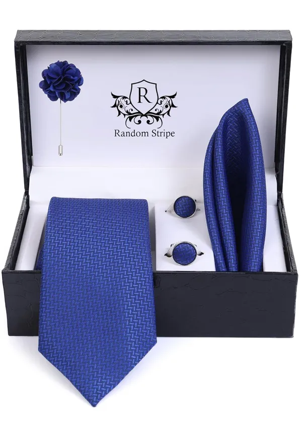 Random_Stripe_Necktie_Set_With_Pocket_Square_Lapel_Pin_Flowar_&_Cufflink_Pair_Pack_Of_4_Ficro_Fiber_Self-Design
