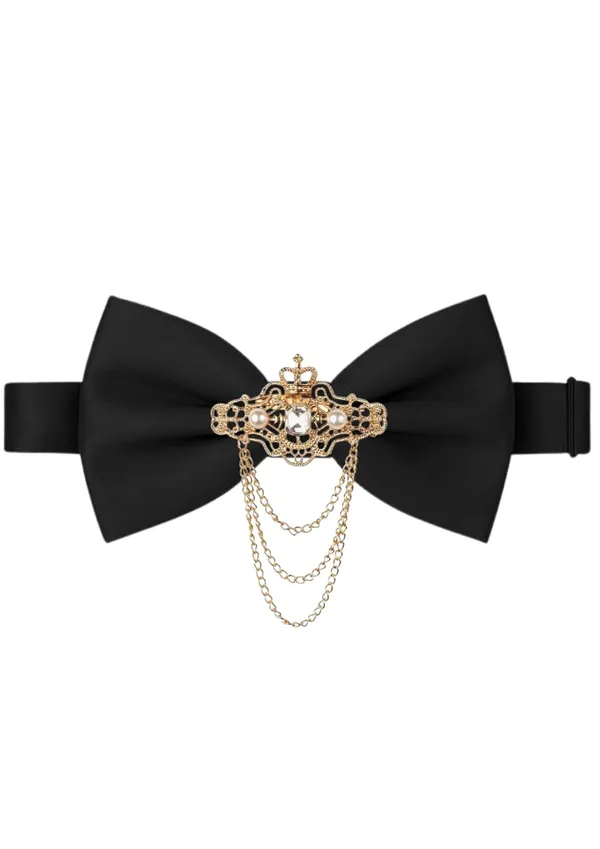 Men's_Premium_Black_Satin_Bow_Tie_with_Royal_Gold_Brooch_�_Classic_Party_&_Wedding_Accessory_Combo