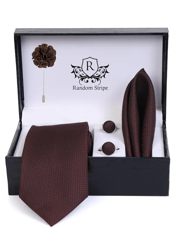 Random_Stripe_Necktie_Set_With_Pocket_Square_Lapel_Pin_Flowar_&_Cufflink_Pair_Pack_Of_4_Ficro_Fiber_Self-Design