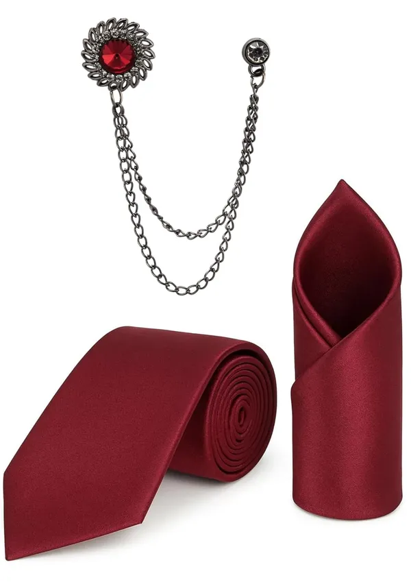 Necktie_With_Pocket_Square_&_Double_Chain_Brooch_Plain_Silk_Fabric_(Pack_of_3)