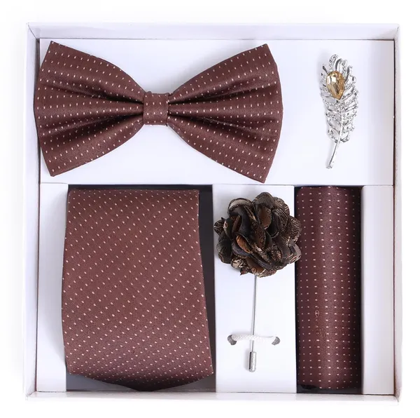 Random_Stripe_Necktie_Set_With_Bow_Tie_Pocket_Square_Lapel_Flowar_&_Lapel_Brooch_(Pack_Of_5_items)