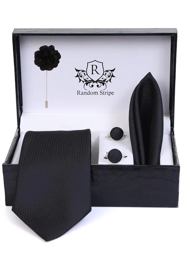 Random_Stripe_Necktie_Set_With_Pocket_Square_Lapel_Pin_Flowar_&_Cufflink_Pair_Pack_Of_4_Ficro_Fiber_Self-Design