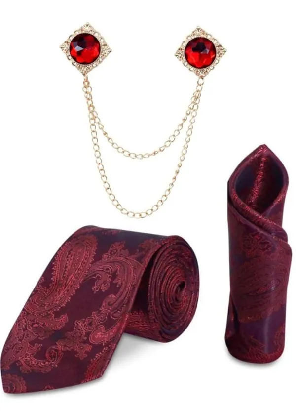 Random_Stripe_Necktie_Set_With_Pocket_Square_&_Double_Chain_Stylish_Brooch_(3_items_in_Box)_Jacquard_Self-Design_Fabric