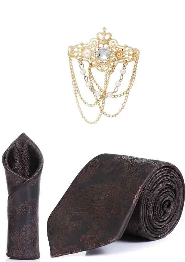Necktie_With_Stylish_Brooch_&_Pocket_Square_Set_For_Men_(3_Item_in_the_Box)_Jacquard_Self-Design_Fabric