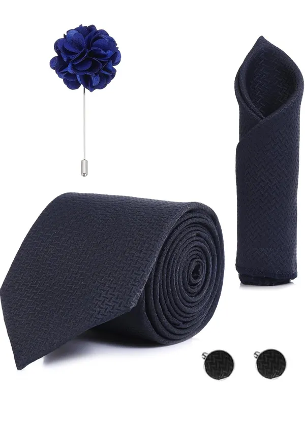 Random_Stripe_Necktie_Set_With_Pocket_Square_Lapel_Pin_Flowar_&_Cufflink_Pair_Pack_Of_4_Ficro_Fiber_Self-Design