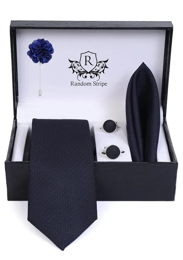 Random_Stripe_Necktie_Set_With_Pocket_Square_Lapel_Pin_Flowar_&_Cufflink_Pair_Pack_Of_4_Ficro_Fiber_Self-Design