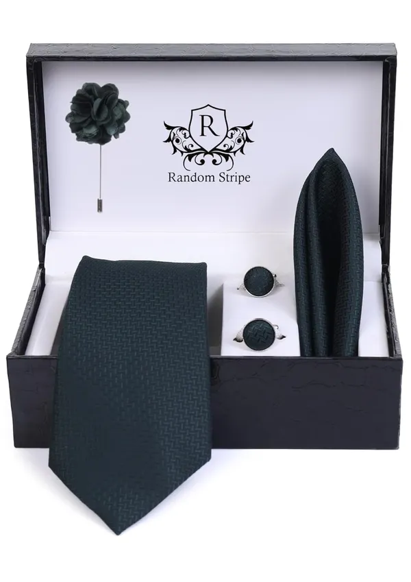 Random_Stripe_Necktie_Set_With_Pocket_Square_Lapel_Pin_Flowar_&_Cufflink_Pair_Pack_Of_4_Ficro_Fiber_Self-Design