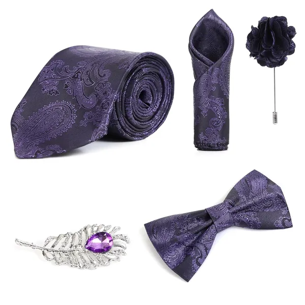 Random_Stripe_Necktie_Set_With_Bow_Tie_Pocket_Square_Lapel_Flowar_&_Lapel_Brooch_&_Cufflink_Pair_&_TiePin_(Three_Type_Combo_Box)