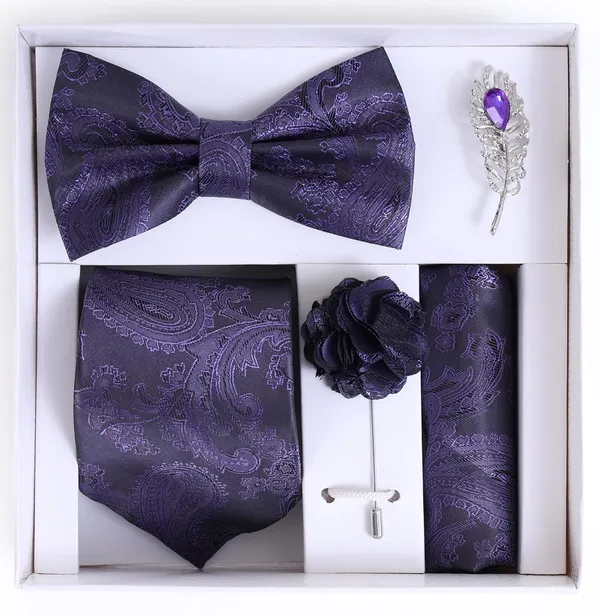 Random_Stripe_Necktie_Set_With_Bow_Tie_Pocket_Square_Lapel_Flowar_&_Lapel_Brooch_&_Cufflink_Pair_&_TiePin_(Three_Type_Combo_Box)