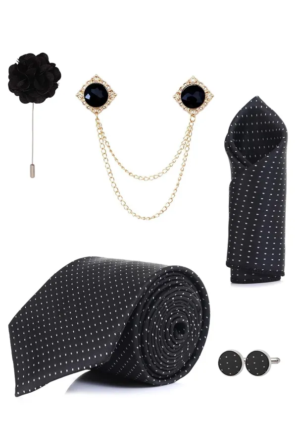 Premium_Formal_Black_Polka_Dot_Tie_Combo_Set_for_Men_|_Necktie,_Pocket_Square,_Brooch,_Lapel_Pin_&_Cufflinks_|_9_Color_Variants_|_Wedding_&_Office_Gift_Set