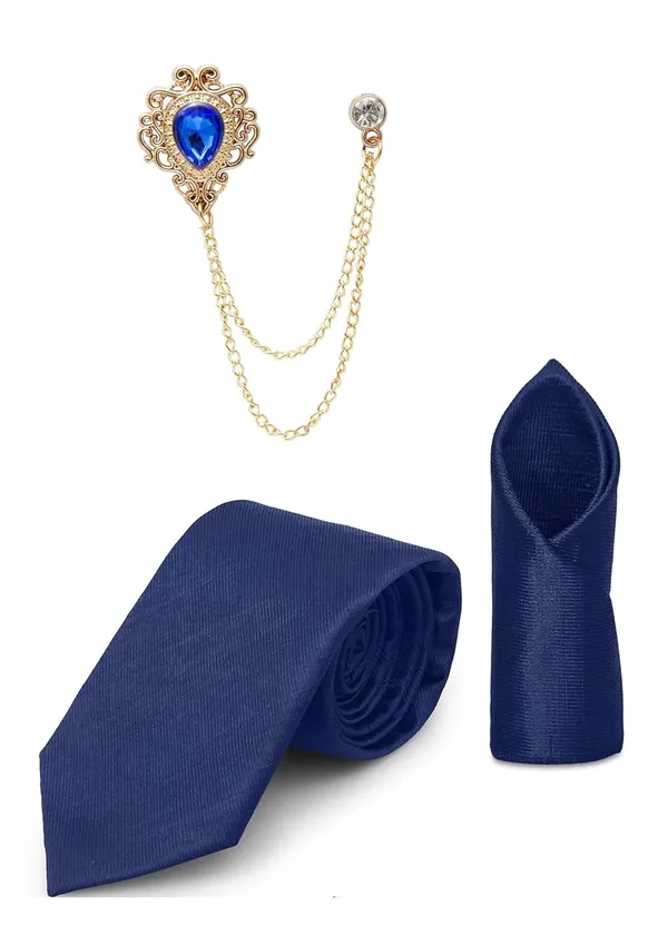 Tie_Set_For_men_Includes_necktie,_matching_pocket_square_&_stylish_crown_brooch_with_chain.