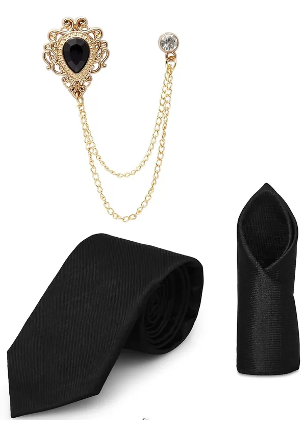 Tie_Set_For_men_Includes_necktie,_matching_pocket_square_&_stylish_crown_brooch_with_chain.