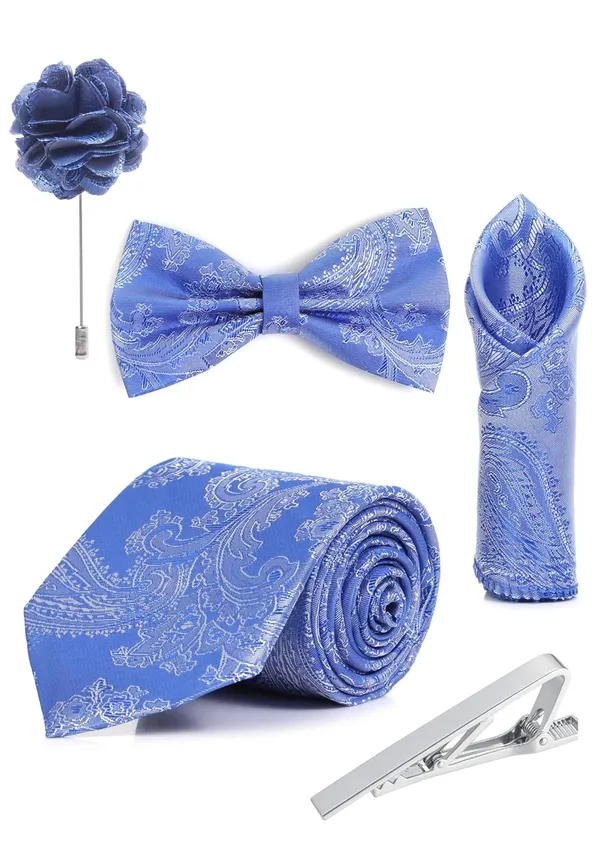 Random_Stripe_Necktie_Set_With_Bow_Tie_Pocket_Square_Lapel_Flowar_&_Lapel_Brooch_&_Cufflink_Pair_&_TiePin_(Three_Type_Combo_Box)